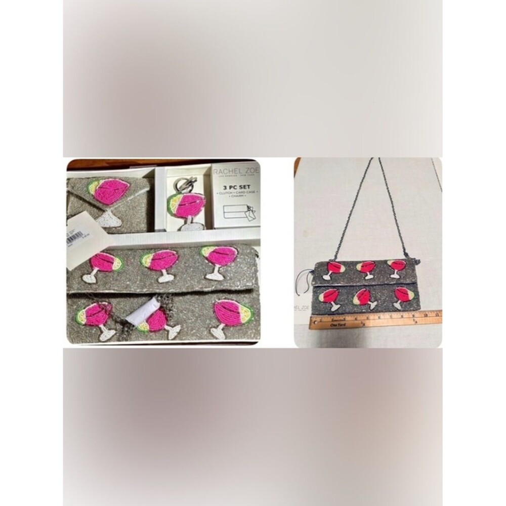 NWT RachelZoe Beaded 3pc set Margarita glass Clutch-Coin Purse & Keychain charm